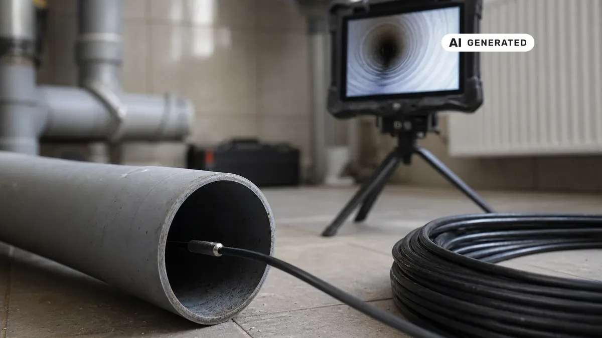 KI-generiertes Bild: Kanal-TV-Kamera fährt in ein Abwasserrohr ein, auf dem Monitor ist die Innenaufnahme der Rohrwand zu sehen