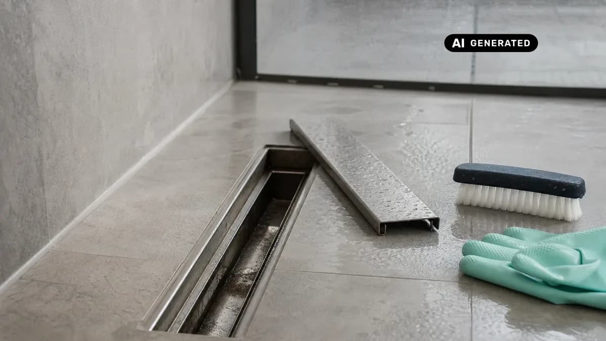 KI-generiertes Bild: Bodengleiche Dusche mit entnommener Duschrinnen-Abdeckung, daneben Bürste und Handschuhe für die Abflussreinigung