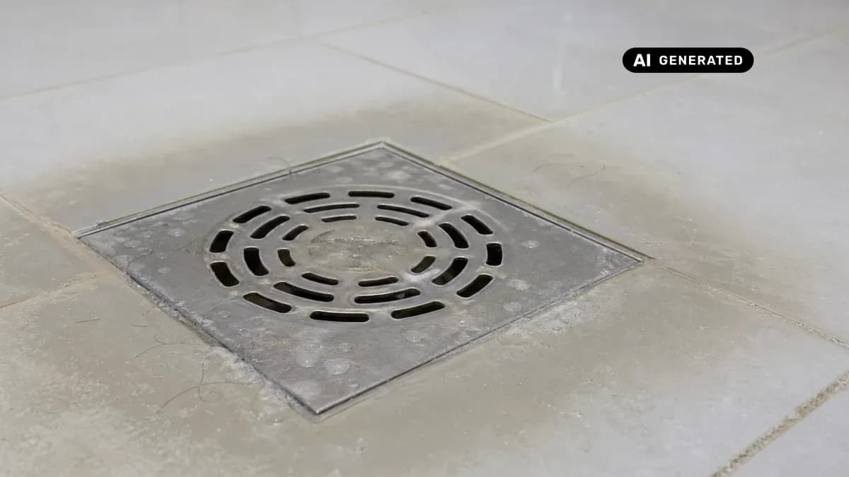 KI-generiertes Bild: Ebenerdige Dusche mit Abflussrost aus Edelstahl – Detailaufnahme des Ablaufs mit leicht stehendem Wasser als Hinweis auf eine Verstopfung