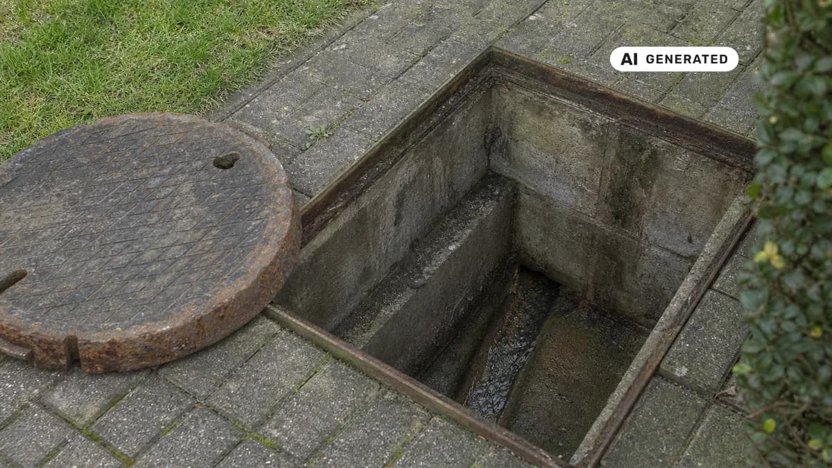 KI-generiertes Bild: Offener Revisionsschacht im gepflasterten Vorgarten eines Einfamilienhauses, Draufsicht auf das freiliegende Gerinne der Abwasserleitung, der abgenommene Schachtdeckel liegt daneben