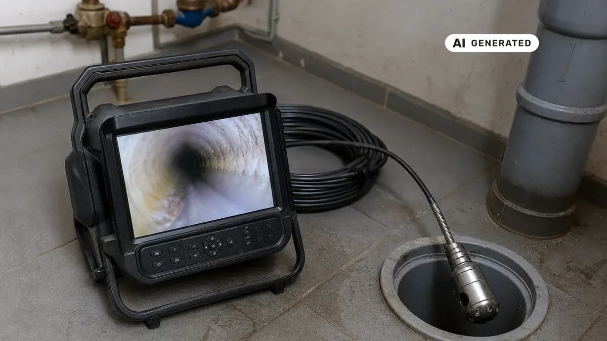 KI-generiertes Bild: Bildschirm mit Live-Aufnahme einer Kanalkamera während einer Rohr-TV-Inspektion, daneben die Kamerasonde am Rohreingang