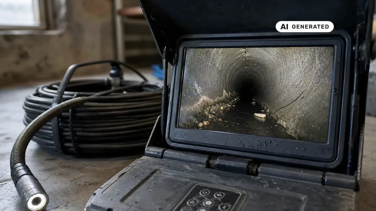 KI-generiertes Bild: Monitor einer Kanal-TV-Kamera zeigt während der Inspektion das Innere eines Abwasserrohrs vor der grabenlosen Sanierung