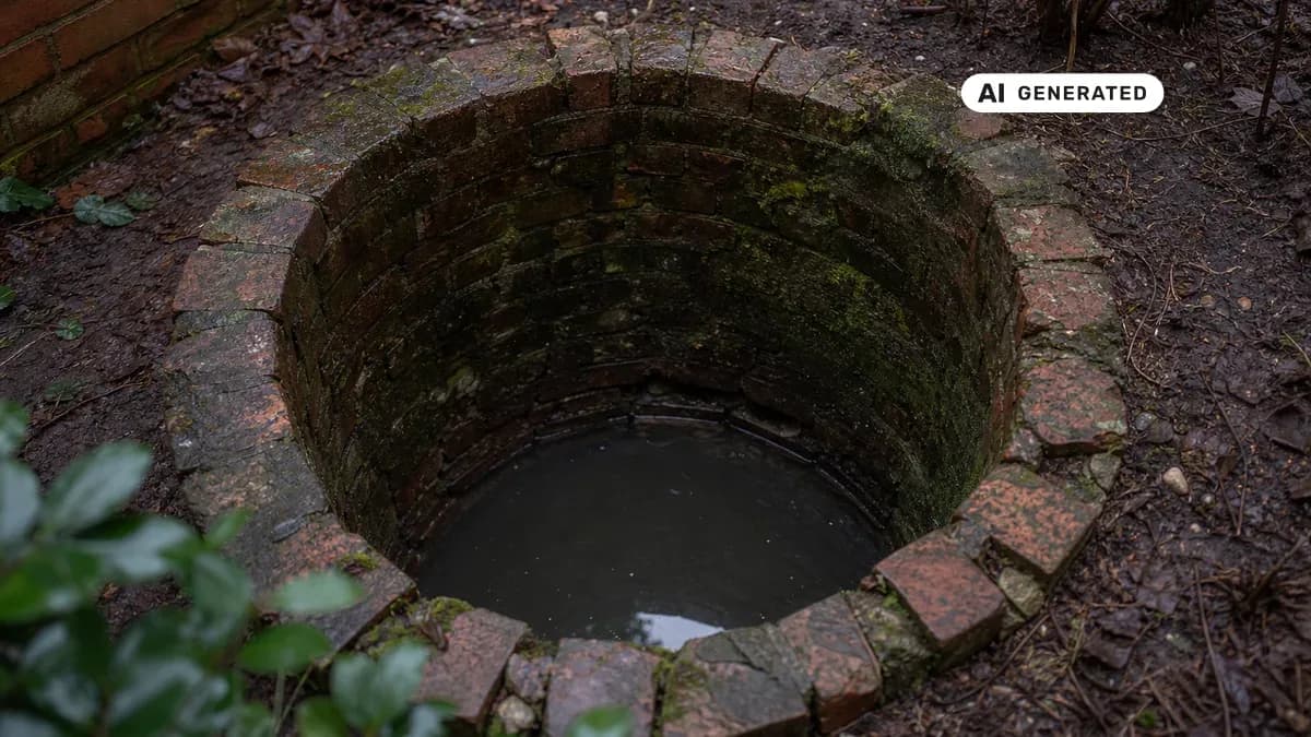 KI-generiertes Bild: Geöffnete alte gemauerte Sickergrube im Garten eines Altbaus, sichtbare Ziegelwände und dunkles Wasser – Bestandsaufnahme vor der Stilllegung