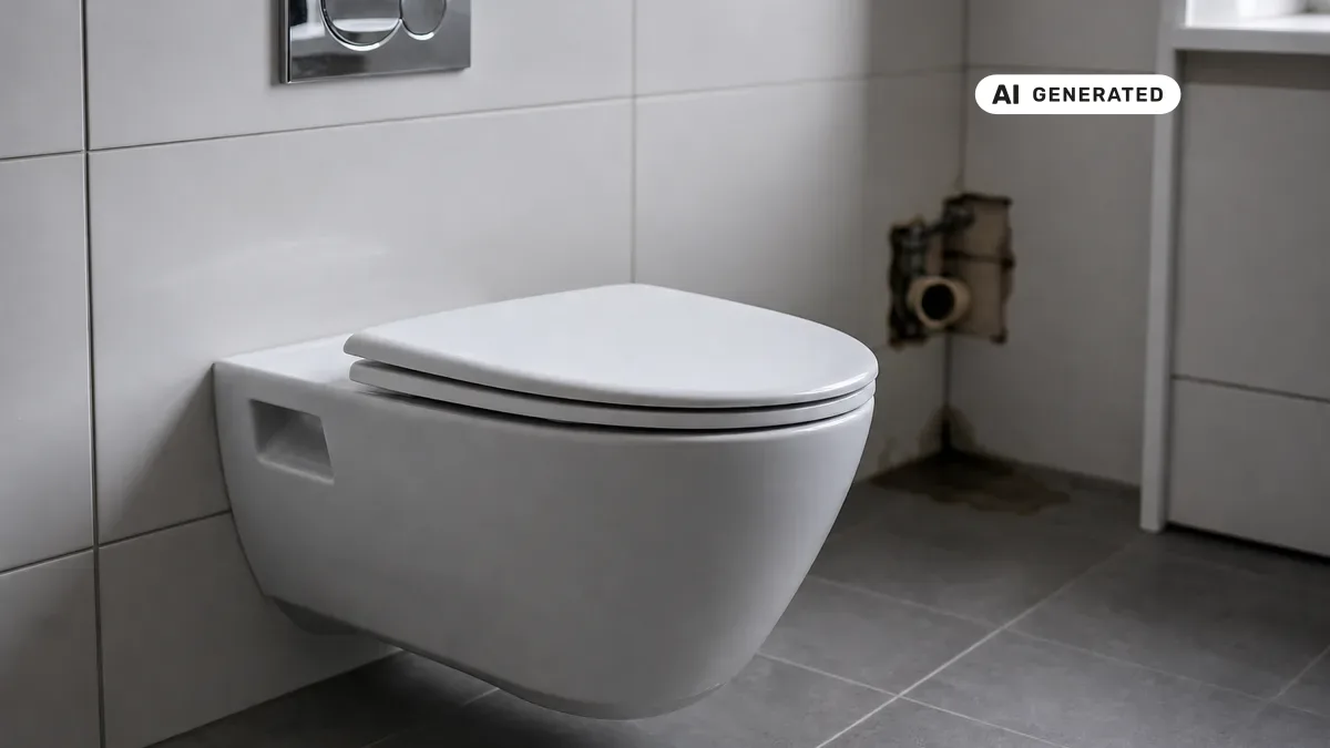 KI-generiertes Bild: Modernes Badezimmer mit weißer Toilette, im unscharfen Hintergrund ein Rohranschluss – Thema Kanalgeruch aus dem WC