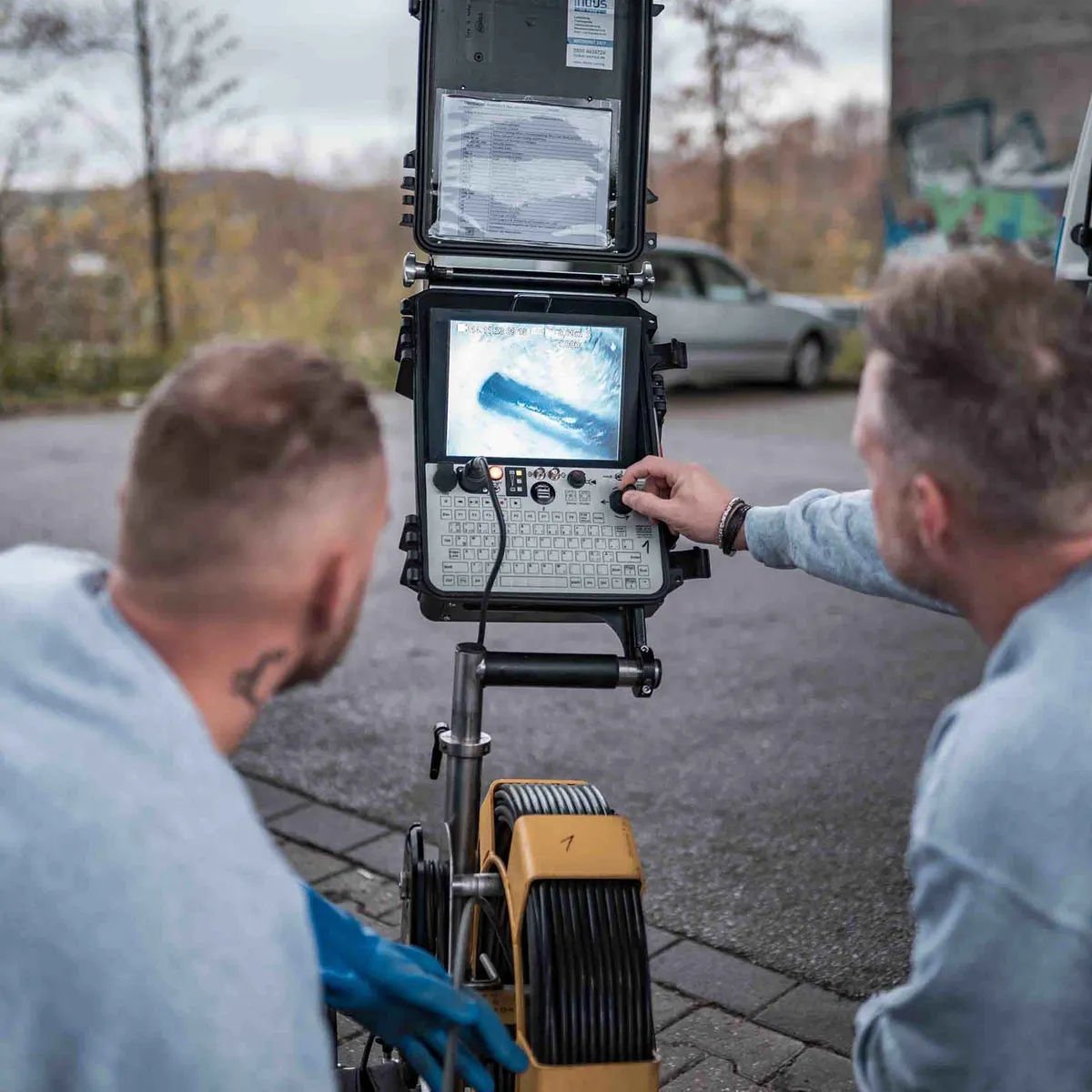 Techniker führt Dichtheitsprüfung der Abwasserleitung durch
